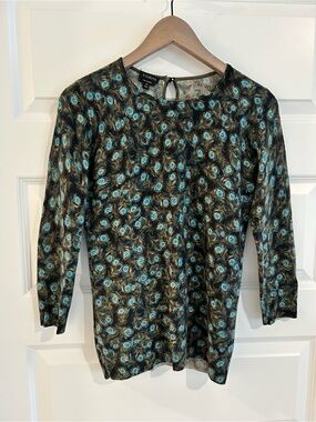 Talbots Cashmere Peacock Feather Print Sweater Black Blue Green Size XS